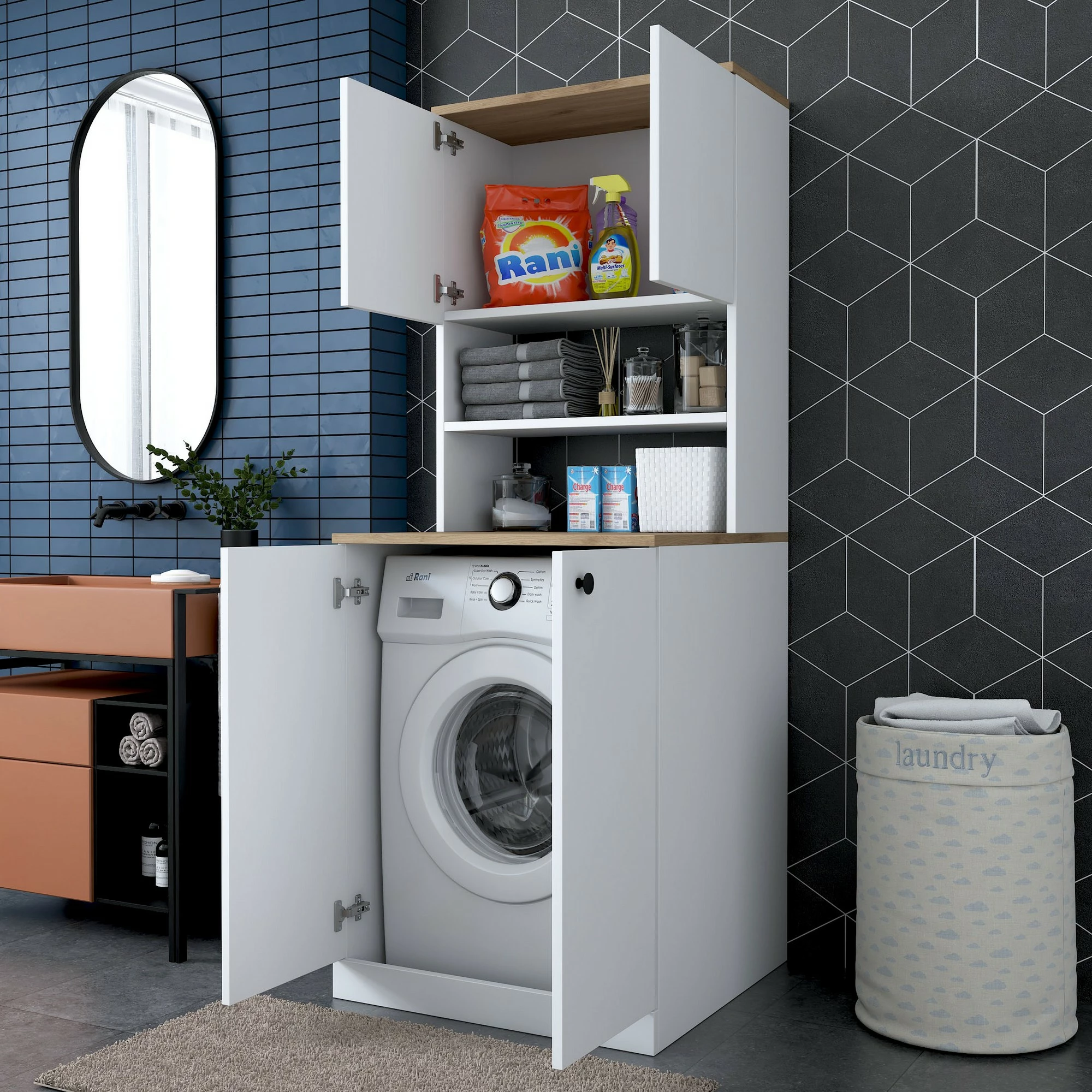 Dnevno-pralni omarica za pralni stroj, Hanah Home KD102-2160, bela in oreh