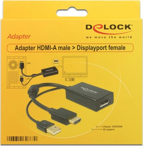 Adapter HDMI + USB na DisplayPort DeLOCK, 0,25 m, 4K, črn
