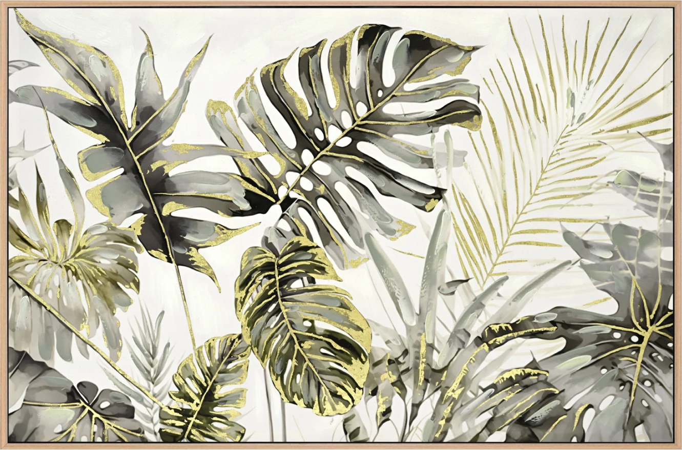 Stenska slika v bež PS okvirju - natisnjeno platno tropskih listov 102x4,5x72H cm