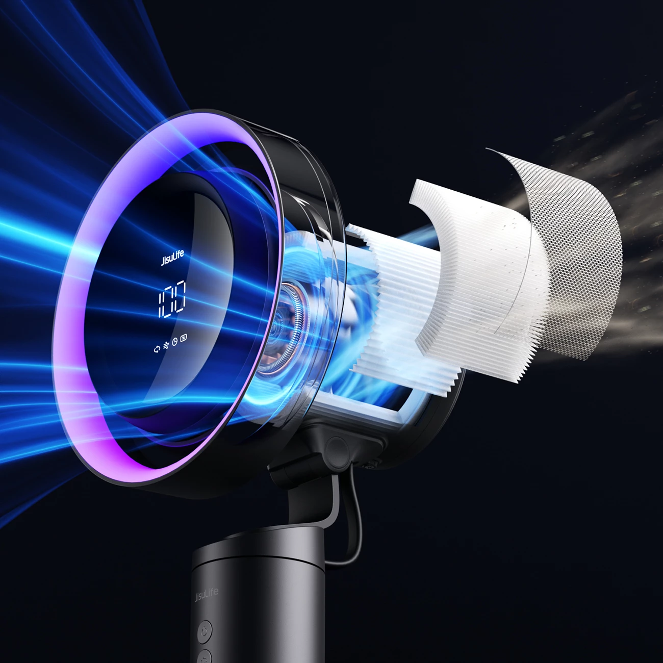 Namizni ventilator z vgrajenim filtrom zraka Jisulife Table Fan Pro3, 10.000 mAh, USB-C, temno siv