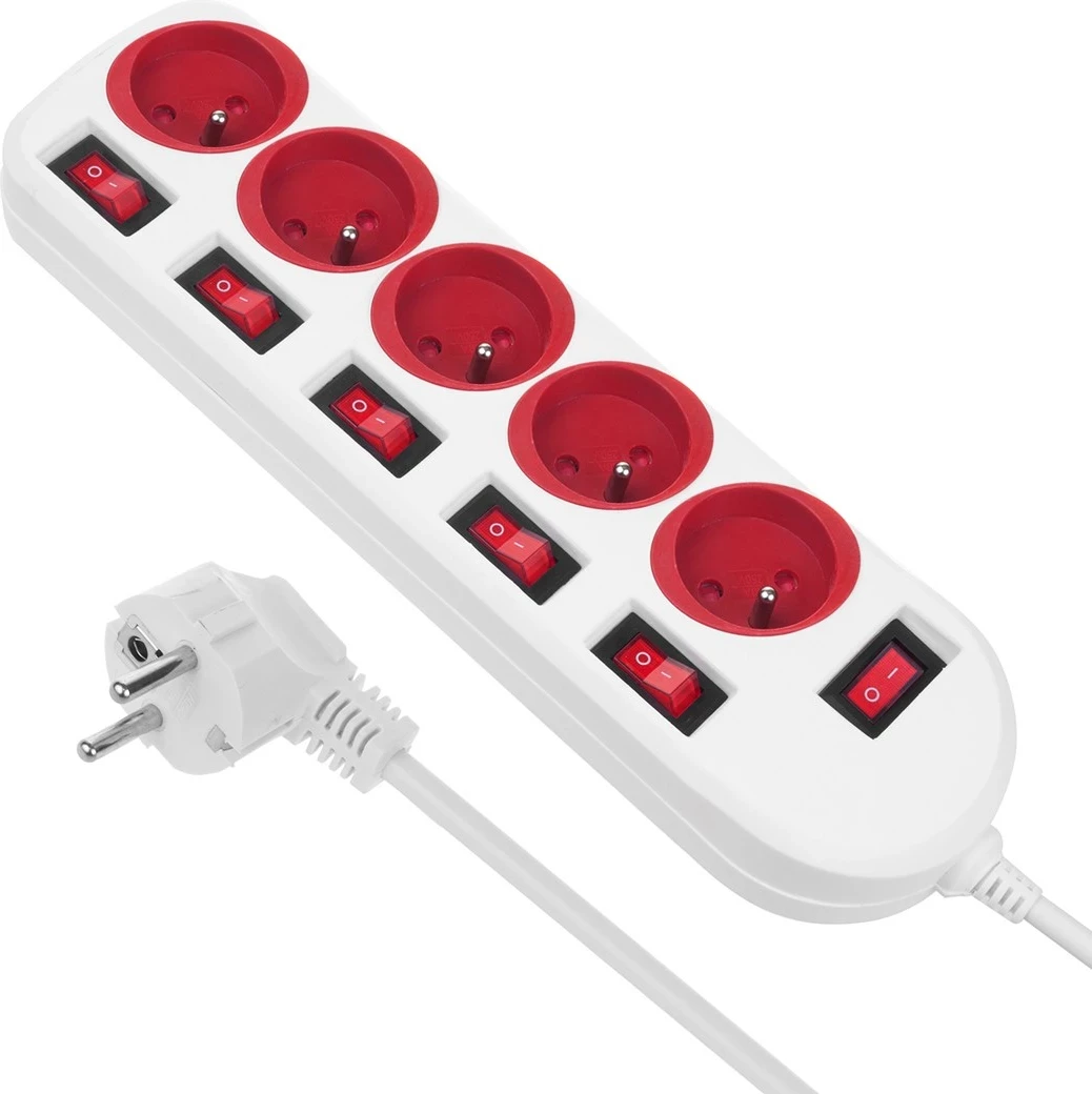 Razdelilec električne energije, 5 vtičnic, z vklopno stikalo, 250VAC/10A, 1,5 m, bel — Maclean MCE204