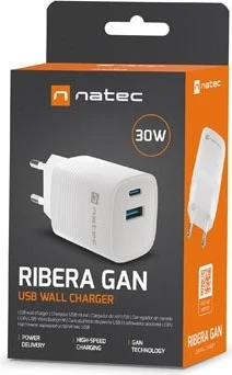Hiter polnilec GaN 30W z USB-A in USB-C, Natec Ribera, belo