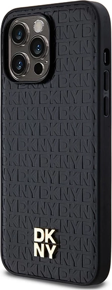 Ovitek iz ekološkega usnja z monogram vzorcem in kovinskim logotipom DKNY, MagSafe, za iPhone 14 Pro Max, črn