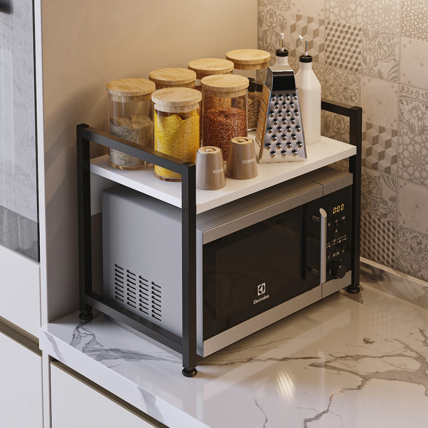 Kuhinjska organizacijska polica BECKO FH18219.01 melamin v beli-črni kovini 53x35x41Hcm