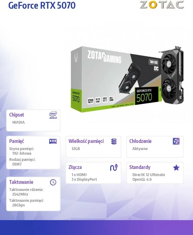 Grafična kartica ZOTAC GeForce RTX 5070 Twin Edge OC, 12GB GDDR7, 192-bit, PCIe 5.0, 3x DisplayPort + HDMI