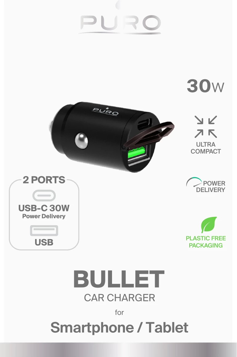 Mini hitro avto polnilec 30W, Puro, USB-C in USB-A, črn