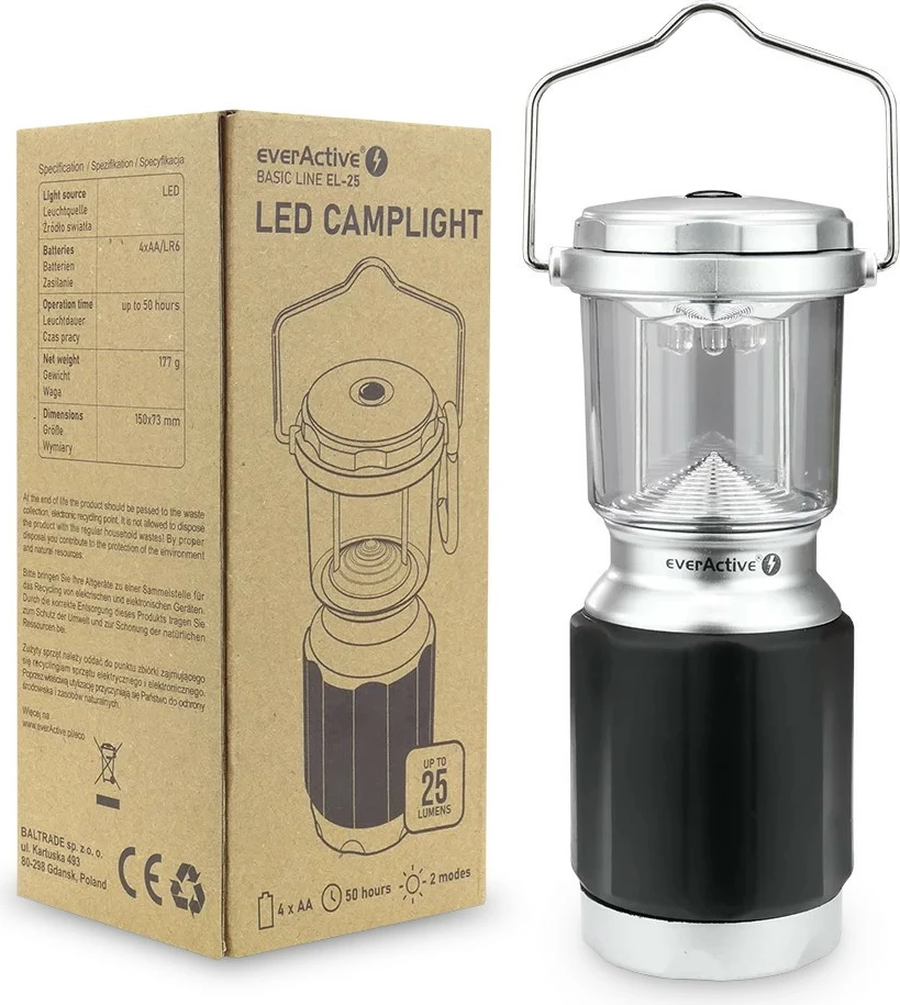 Svetilka za kampiranje everActive EL-25, 25 lm, 8 LED, do 50 h, 4x AA, črna