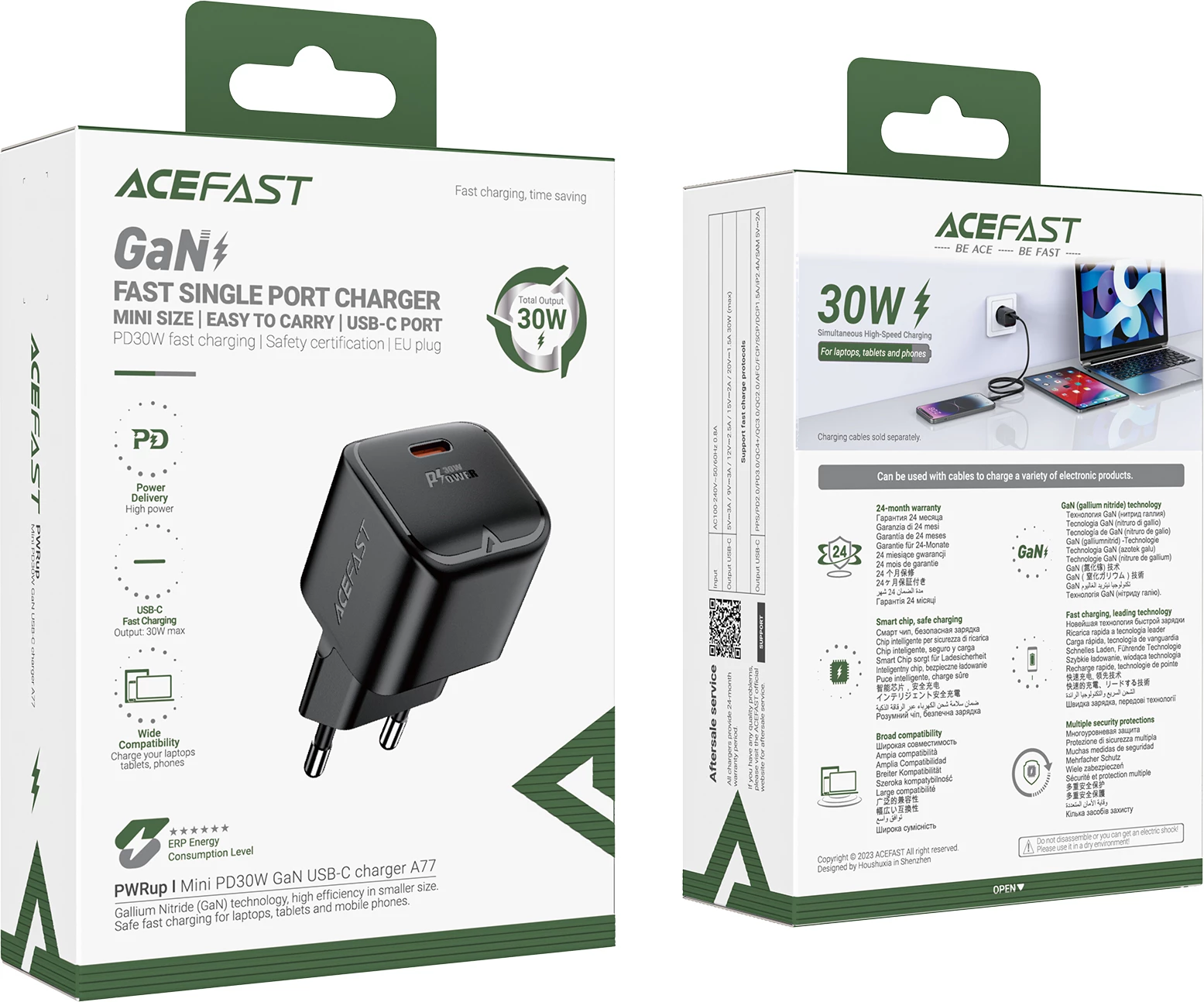 Stenski polnilec GaN Acefast A77, 30W, USB-C, črn