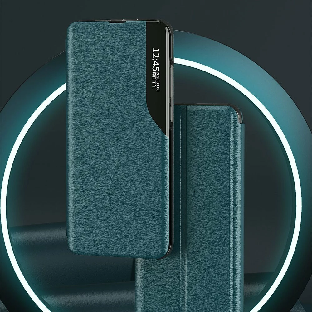 Ovitek za Samsung Galaxy A02s EU, Hurtel Eco Leather View Case, s pokrovom in stojalom, črn