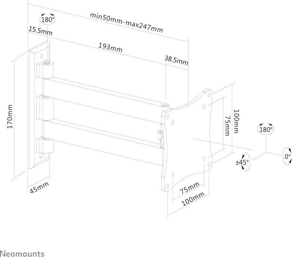 Fleksibilen nosilec za steno Neomounts FPMA-W820BLACK za monitor/TV, full motion, 10–27 col, aluminij, črn