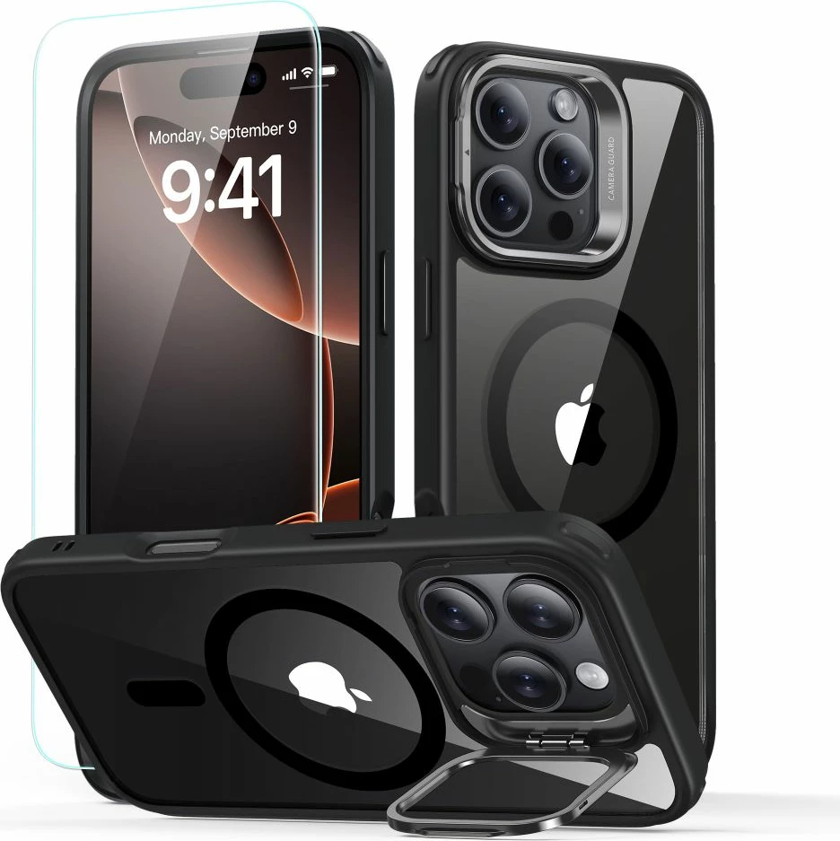Hibridni ovitek s stojalom HaloLock MagSafe, ESR za iPhone 16 Pro, komplet s kaljenim steklom, prozoren