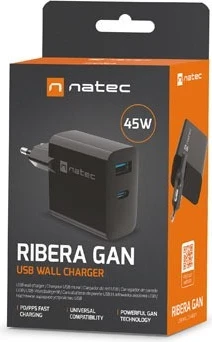 Polnilnik Natec Ribera GaN 45W z USB-A in USB-C, črn