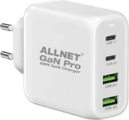 GaN polnilec 68W, 2x USB-C, 2x USB-A, EU vtič, bel — ALLNET GaN Pro
