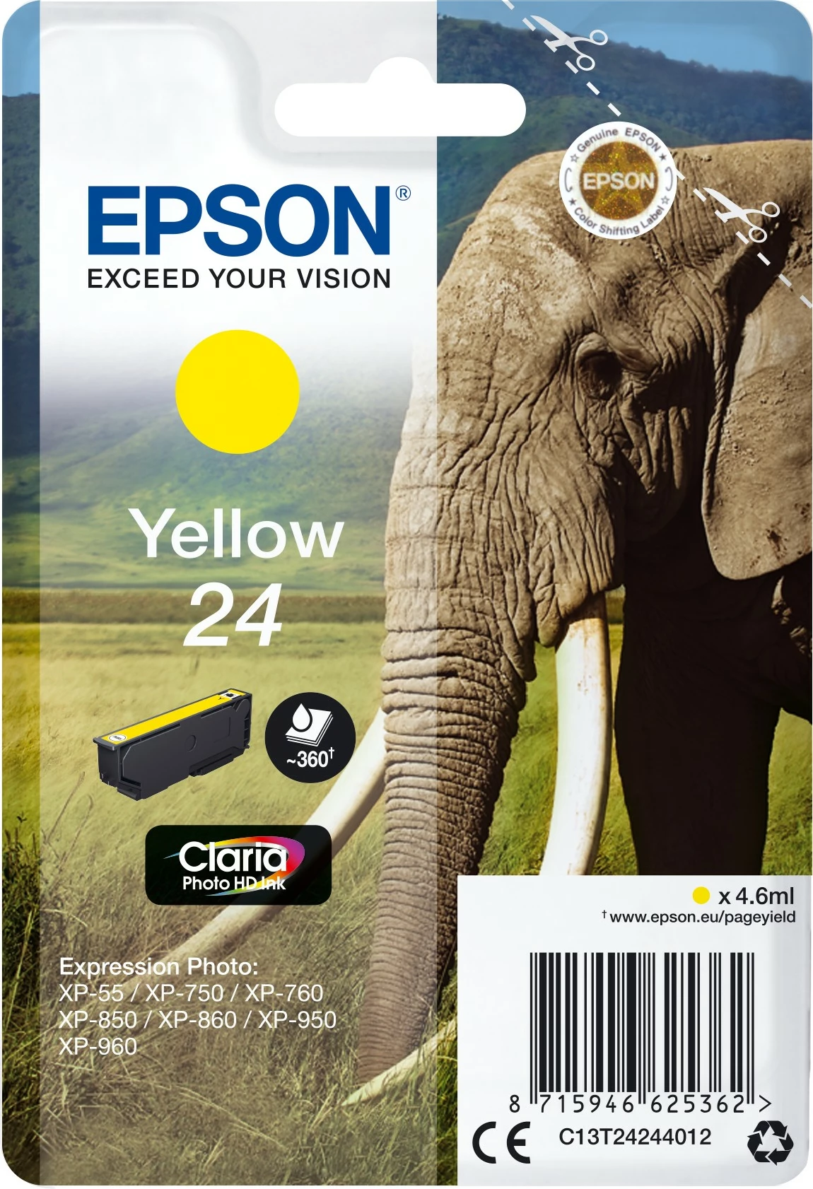 Toner rumen Epson Elephant Singlepack Yellow 24 Claria Photo HD, 4.6 ml, rumen