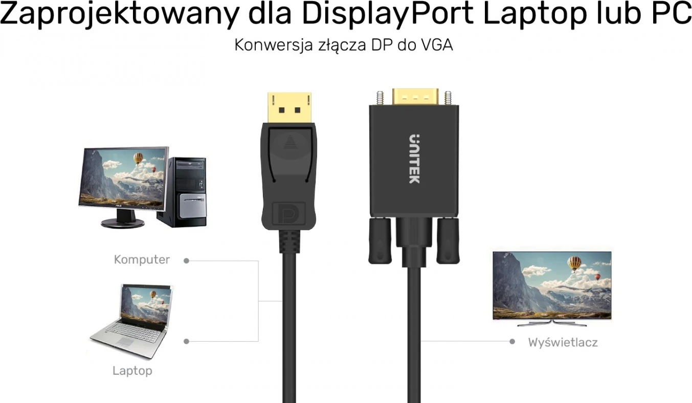 Adapter DisplayPort na VGA, 1,8 m, črn - Unitek