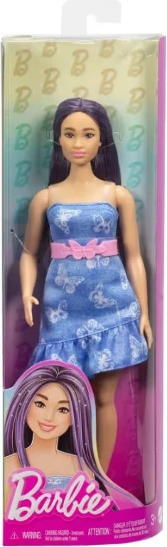 Kukla Fashionistas z dolgimi vijoličnimi lasmi in jeans obleko, Mattel HYT89