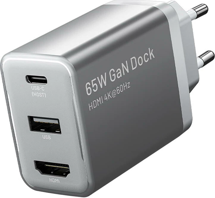 Hitri polnilec 65W GaN z USB-C, USB-A in HDMI, Vention FJAH0-EU, sivi