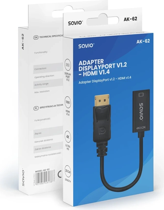 Adapter DisplayPort (moški) v1.2 - HDMI A (ženski) v1.4, 4K, Savio AK-62