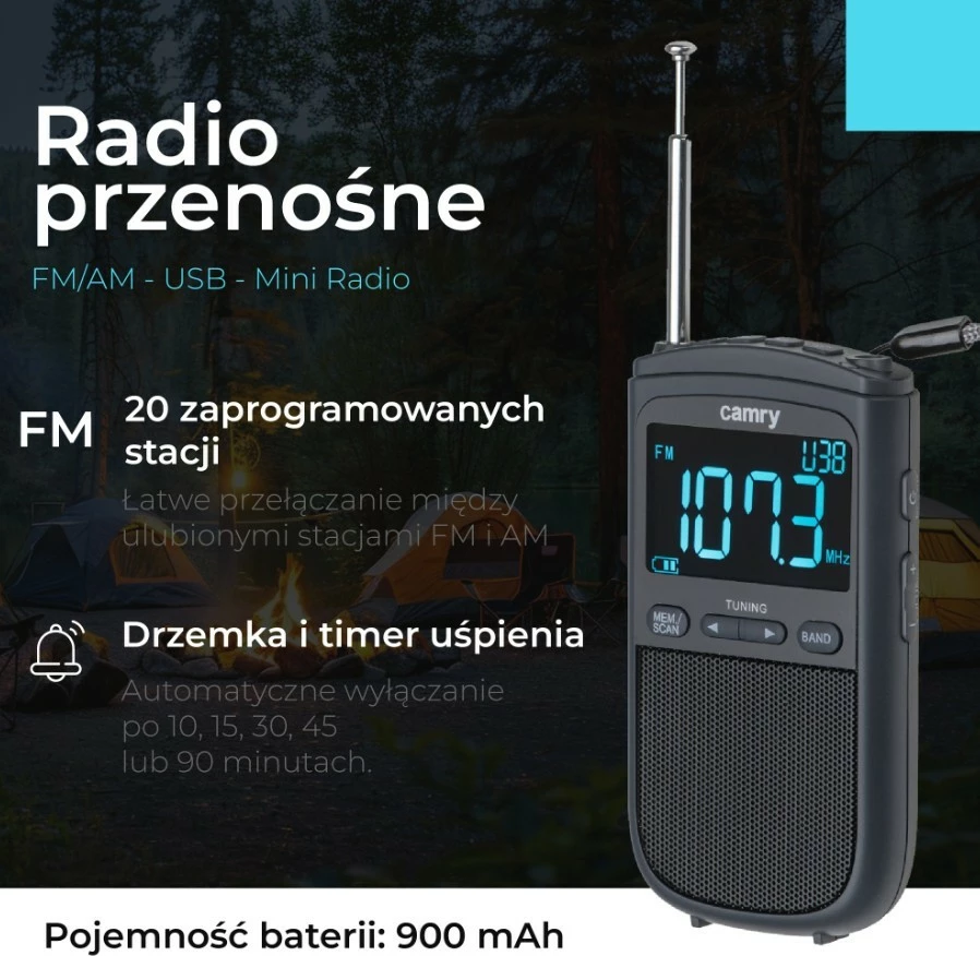Prenosen radio Camry CR1905, FM/AM, LCD zaslon, USB-C, črn