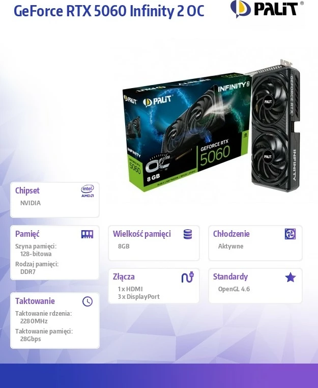 Grafična kartica Palit GeForce RTX 5060 Infinity 2 OC, 8GB GDDR7, 128-bit, PCIe 5.0, 3xDP/HDMI