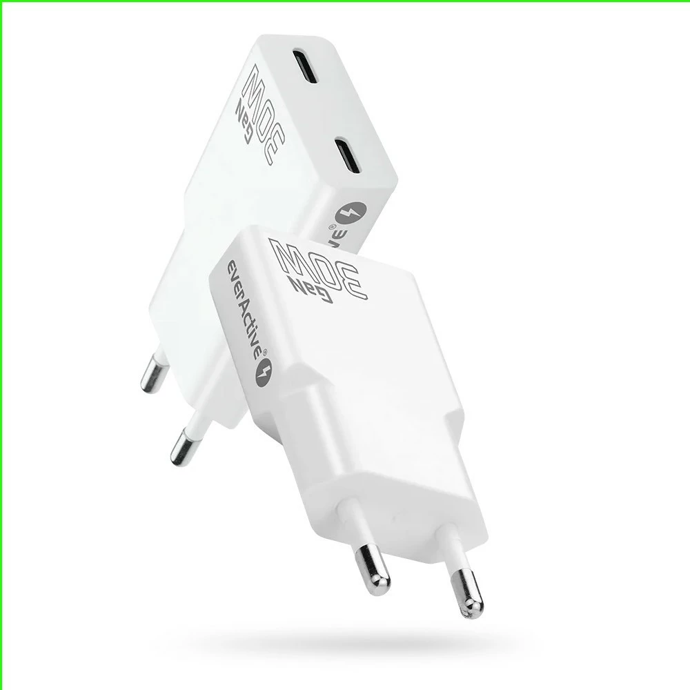 Stenski polnilnik GaN PD 30W, 2x USB-C, super tanek, bel, everActive SC-385Q