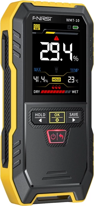 Neinvaziven merilec vlage, 0–75%, 2,4" TFT, 4 načini, pomnilnik 30 meritev, baterija 1000 mAh USB‑C FNIRSI WMT-10, črno-rumen
