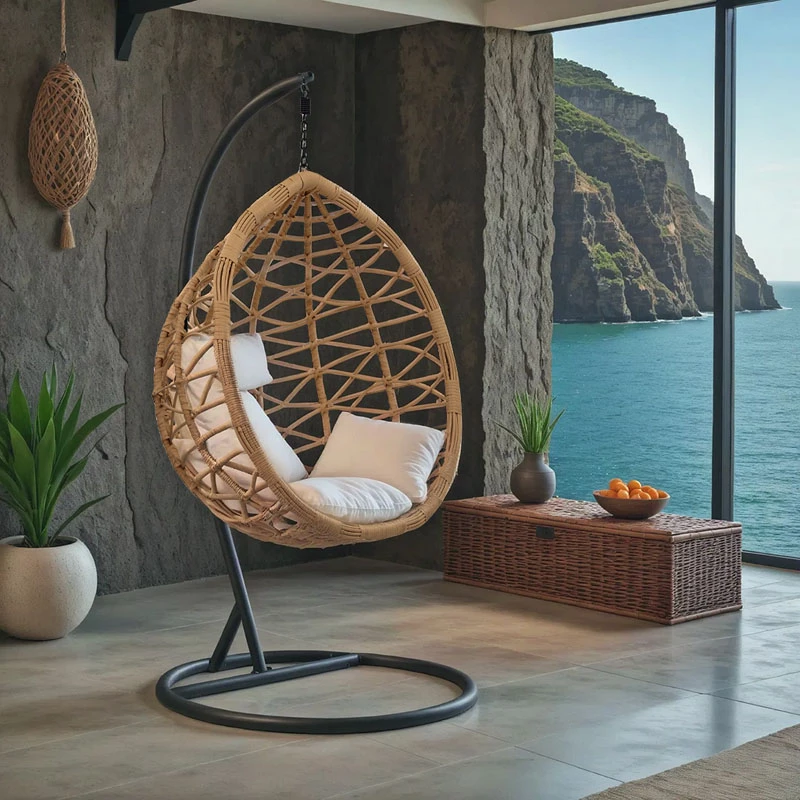 Viseči vrtni stol, kovinski, črn - PP naraven - blazina bež Hudson, 109x119x195 cm