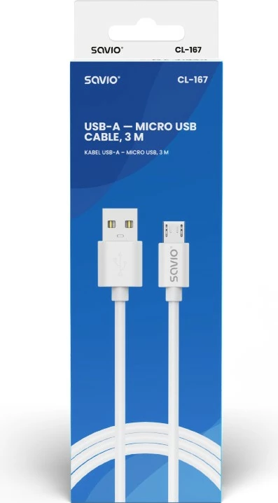 Kabel USB-A na micro USB, Savio CL-167, 3 m, bel