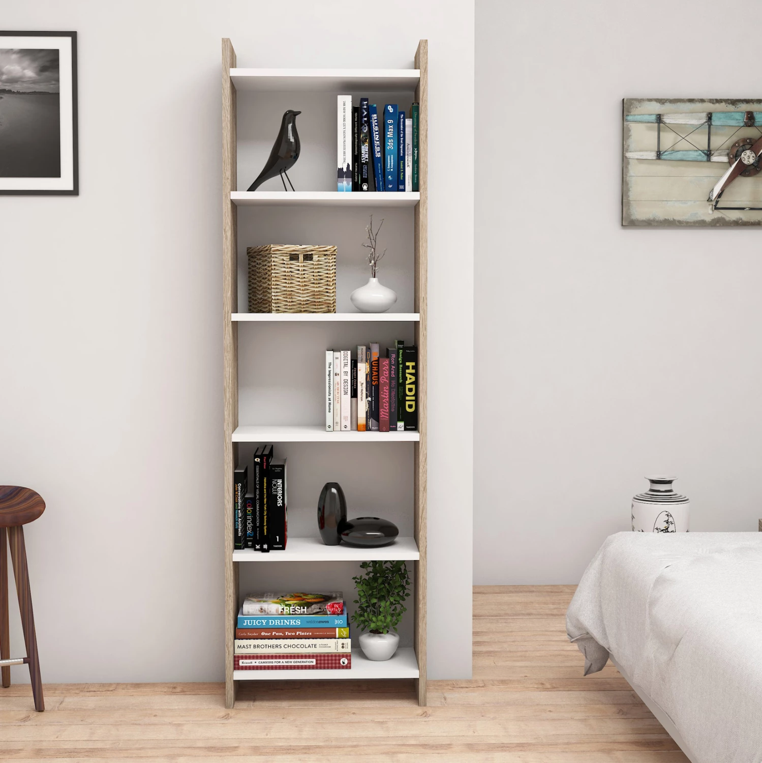 Knjižna omara iz melamina v sonoma-beli barvi 48,5x22x160H cm FH9226.12