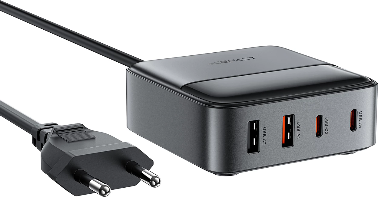 Polnilec za namizje Acefast Z6, 65W, 2x USB-A, 2x USB-C, z zaslonom, črn