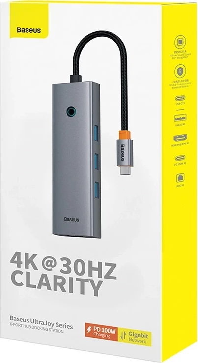 USB-C razdelilec 6-v-1 HDMI 4K@30Hz, 3x USB 3.0, PD 100W, RJ45, siv — Baseus UltraJoy B00052802811-00