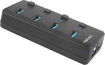 USB razdelilec Natec Mantis 2, 4 priključki, USB 3.0, s stikalom in napajanjem, črn