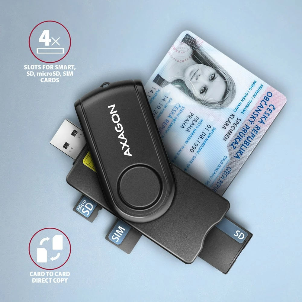Večfunkcijski bralnik kartic AXAGON CRE-SMP2A, USB 2.0, SD/microSD/SIM/ID, črn