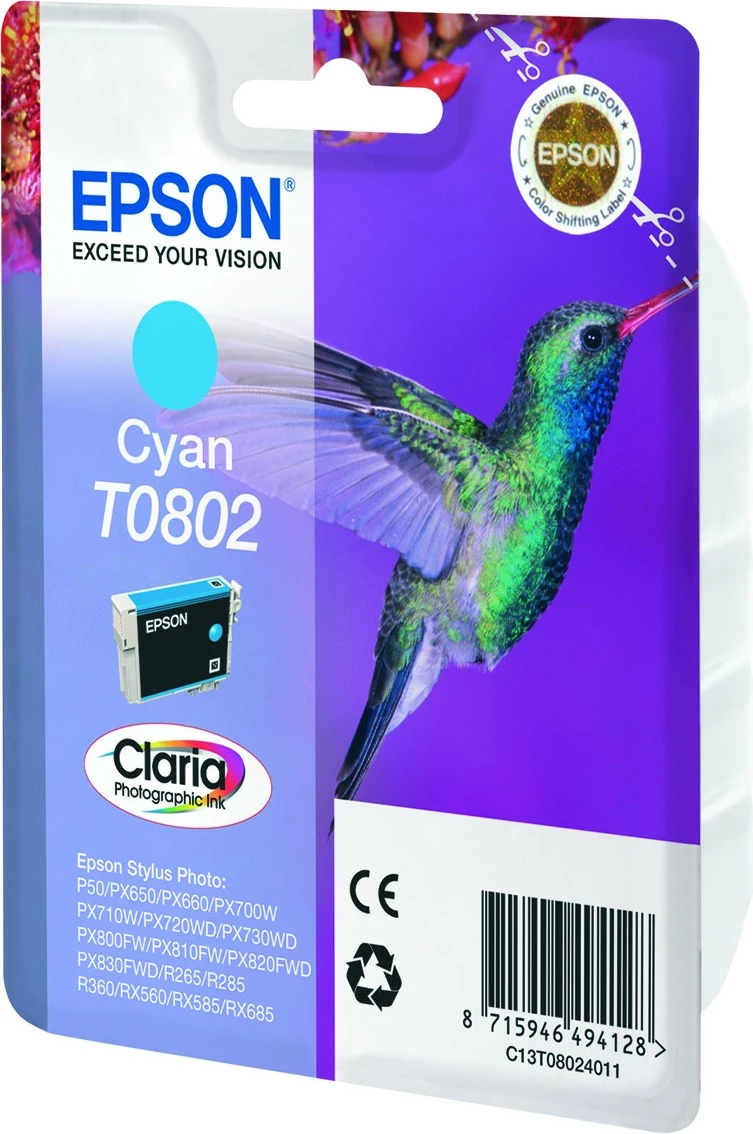 Toner kartuša Epson Hummingbird Singlepack Cyan T0802, 7,4 ml, cijan