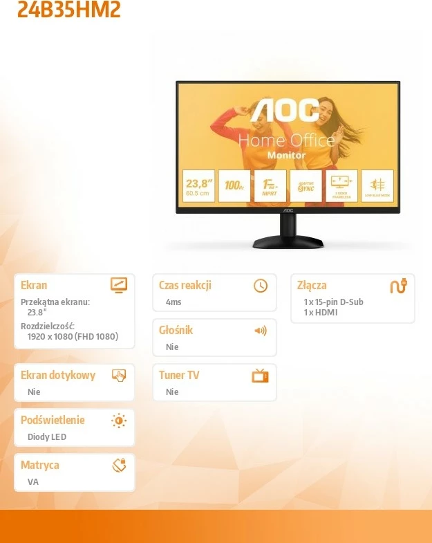 Monitor 23,8-palčni, VA, 100 Hz, FHD, črn AOC 24B35HM2