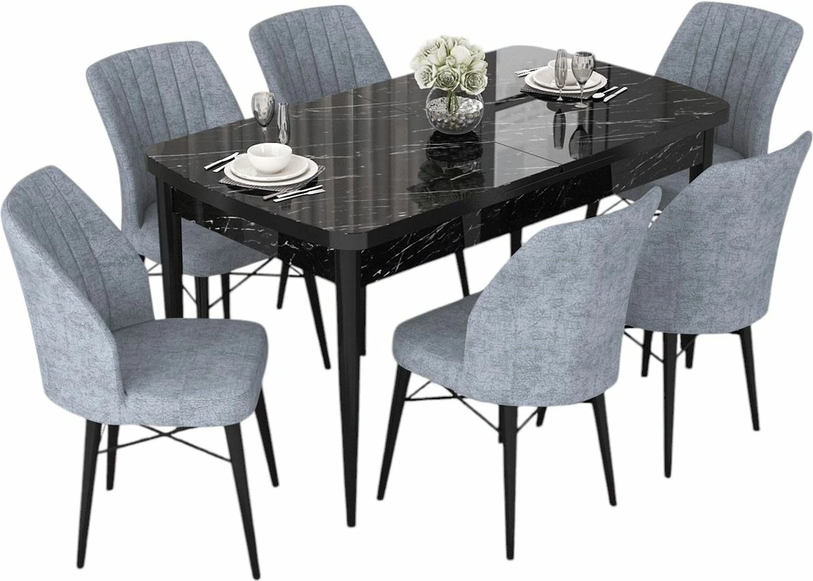 Raztegljiva jedilna miza s stoli, 7-delna, črn marmor, siva, Skye Decor