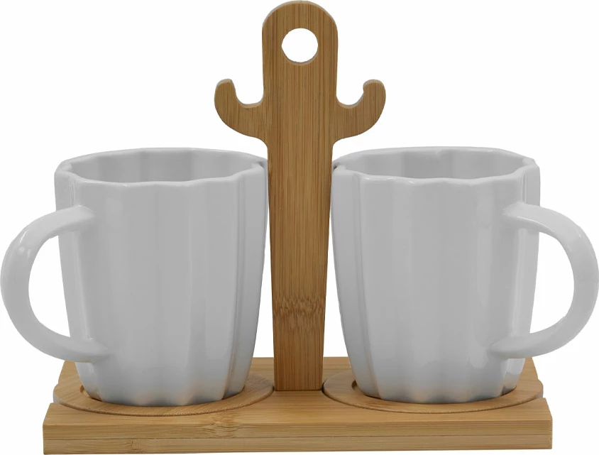 Set skodelic za espresso Cactus, bel porcelan, naravni bambus, 2 kosa, 20x12x17 cm