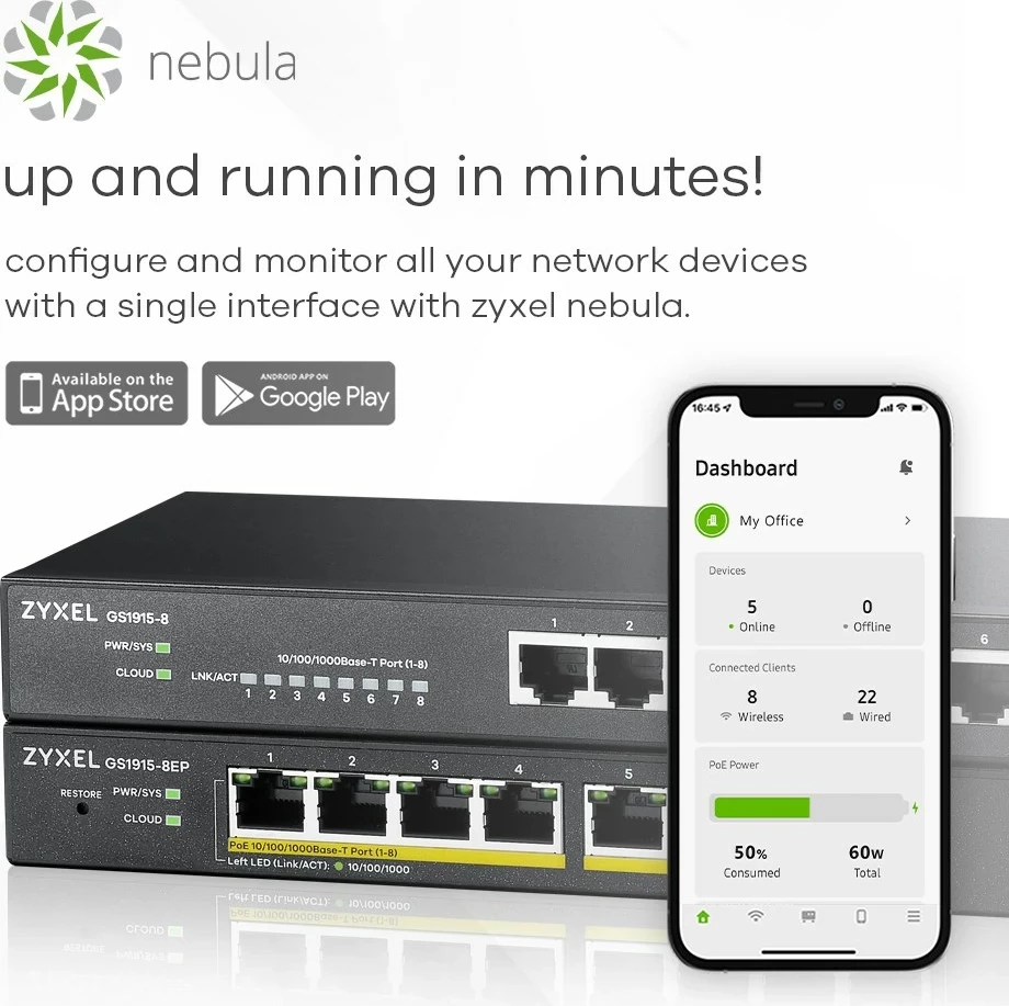 Managed L2 Gigabit Ethernet stikalo z 8 vrati, Zyxel GS1915-8EP, PoE, črno