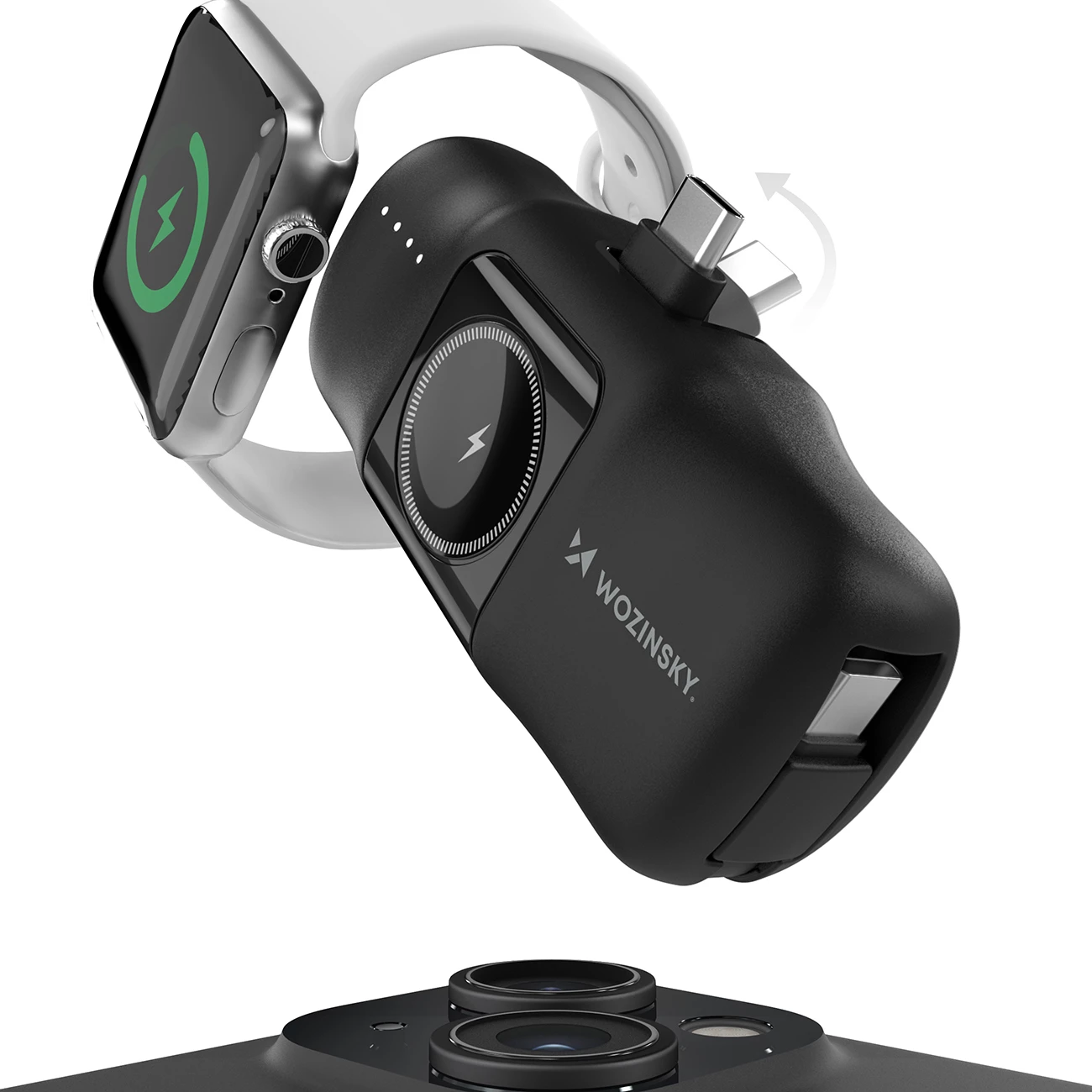 Prenosna baterija Wozinsky WF16-YCS, 5000 mAh, USB-C, z vgrajenim kablom in polnilcem za Apple Watch, črna