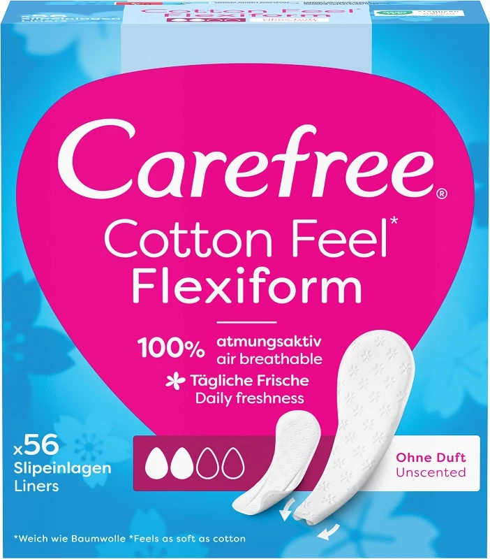 Higienični vložki Carefree Cotton Feel Flexiform brez dišav, 56 kosov