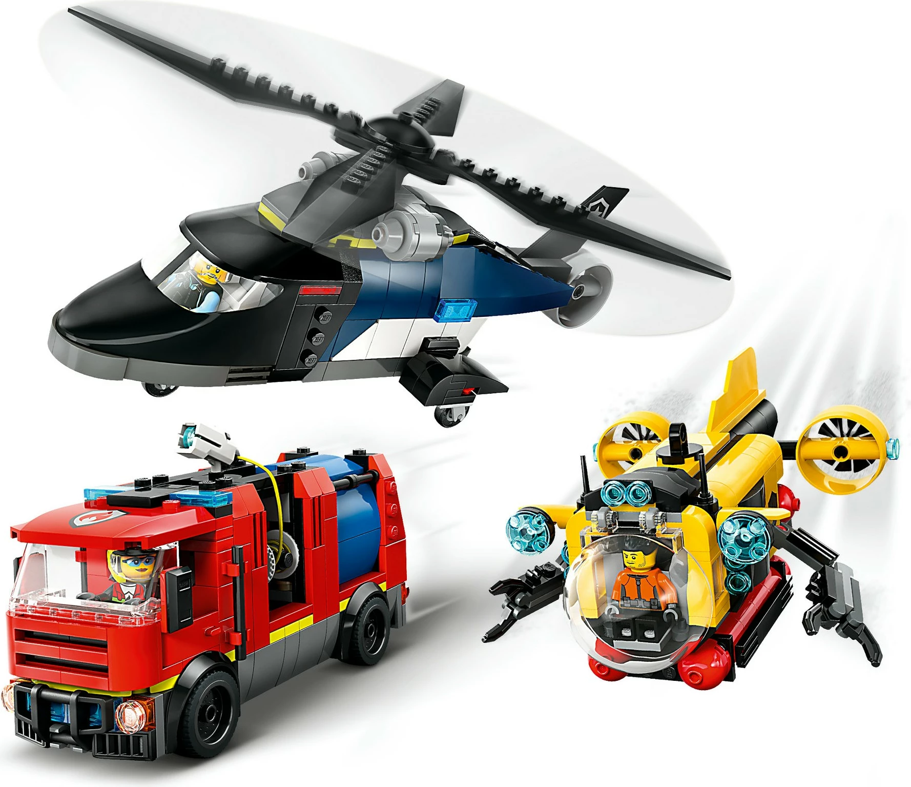 Igriv gradbeni set z 874 kosi, helikopter, gasilsko vozilo, podmornica LEGO City 60462, večbarven