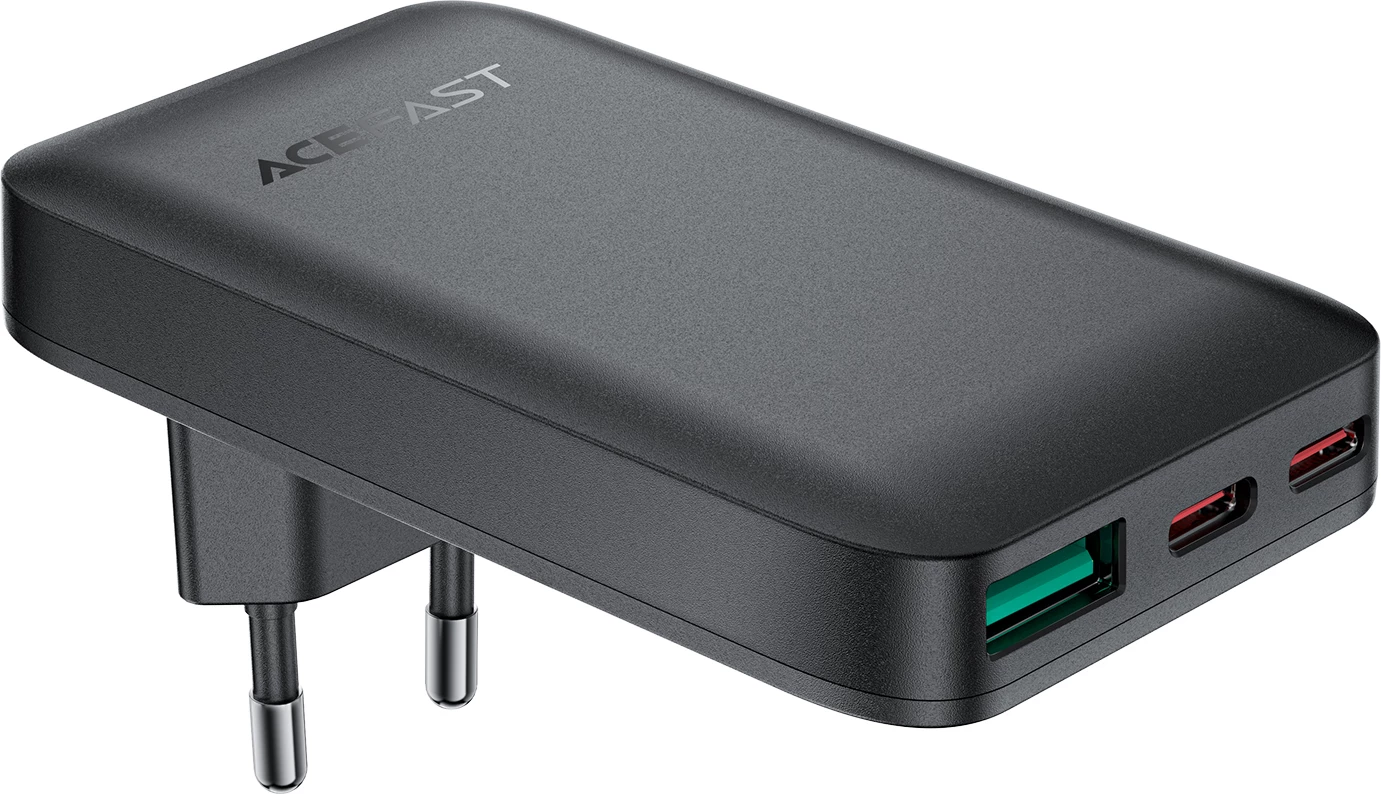 Polnilec Acefast A100, 65 W, GaN, 2x USB-C + USB-A, ultratenek, črn