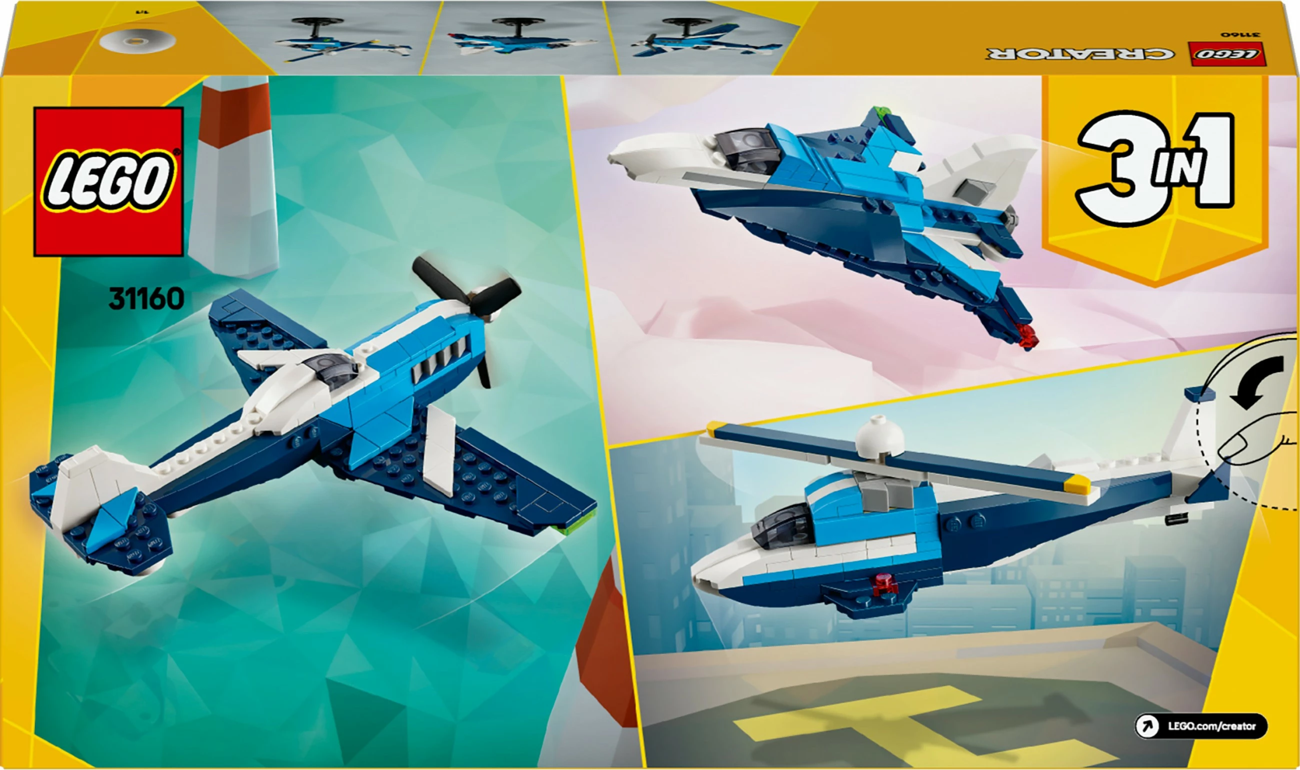 Set za sestavljanje 3-v-1, LEGO Creator 31160, 178 kosov, dirkalni letalnik, moder