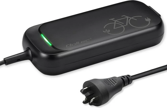 Prenosni polnilec za električno kolo, 42V 2A (84W) za 36V Li-ion, Bosch vtič — Qoltec 50762, IP54, z napajalnim kablom, črn