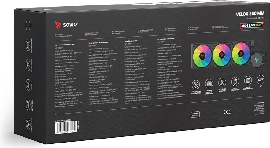 Hladilni sistem za procesor SAVIO VELOX 360 mm, All-in-one tekočinski hladilnik, aluminij, RGB, črn