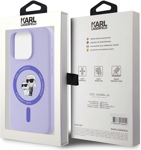 Silikonski ovitek Karl Lagerfeld Karl&Choupette Heads Ring MagSafe za iPhone 15 Pro, vijoličen