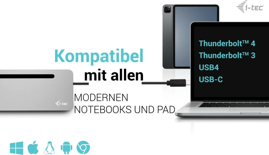 Ergonomska kovinska docking postaja I-Tec USB-C 3x 4K, 100W, srebrna