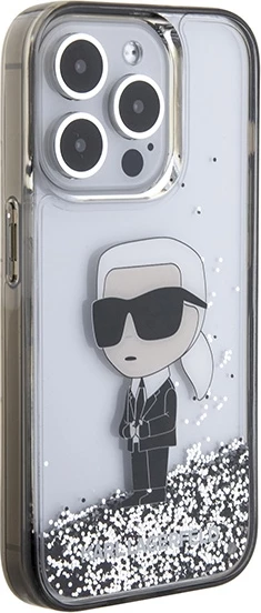 Ovitek za telefon Ikonični tekoči bleščice za iPhone 15 Pro, prozoren, Karl Lagerfeld