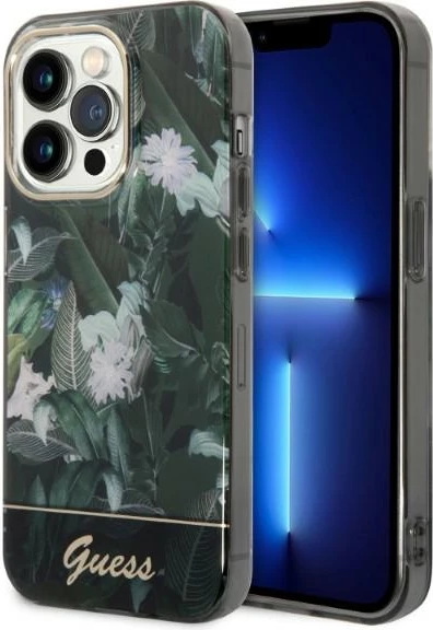 Trd ovitek z rastlinskim vzorcem, Guess Jungle Collection za iPhone 14 Pro 6,1", zelen