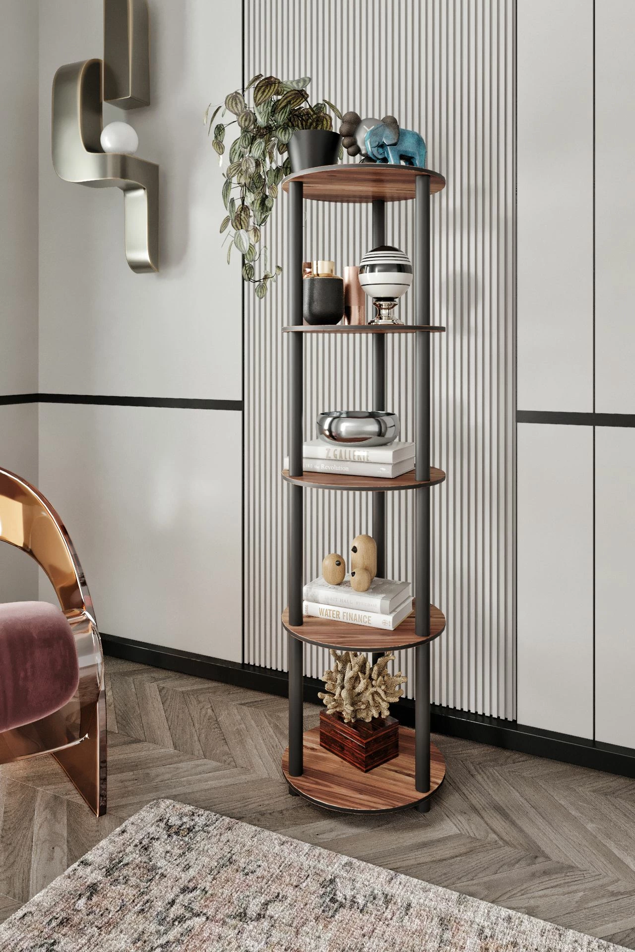 Polica za knjige, 5-nivojska okrogla, barva oreha, Skye Decor